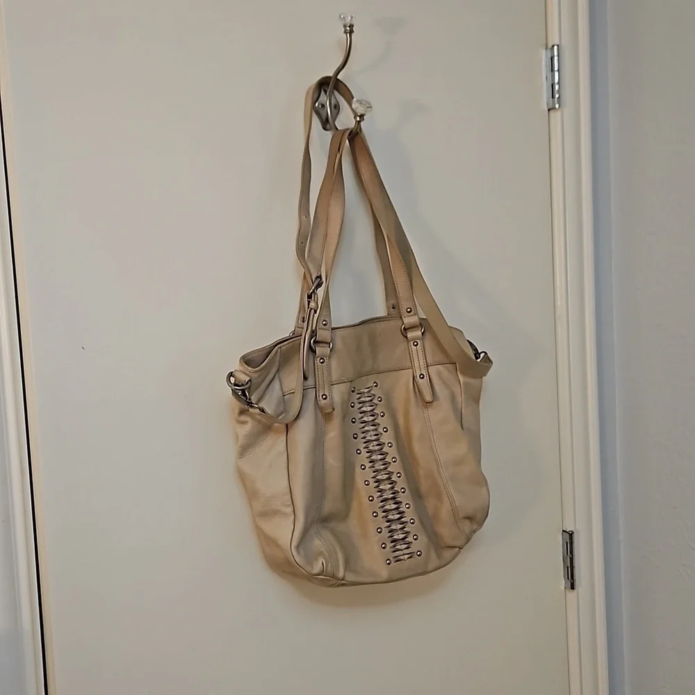 VTG LUCKY BRAND Large Ecru Leather Western Boho Studded Bag